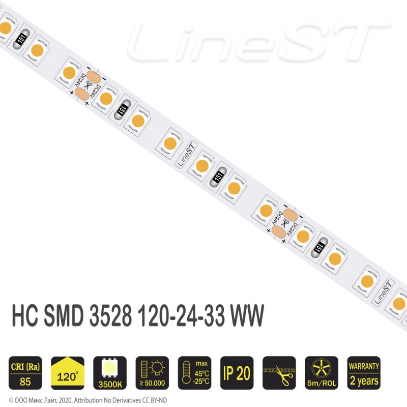 Светодиодная лента SMD 3528 120LED/m 9,6W/m 24V IP33 Warm White